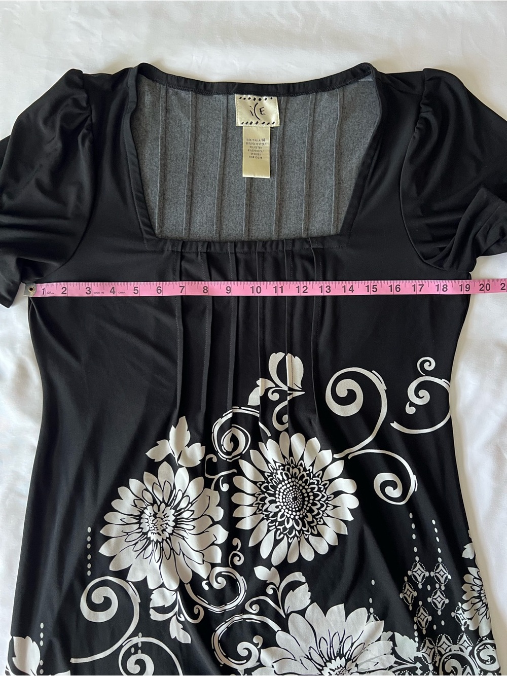Ice Black Midi Dress with White Floral Print & Pink Border Square Neckline Sz 14 - Picture 11 of 14